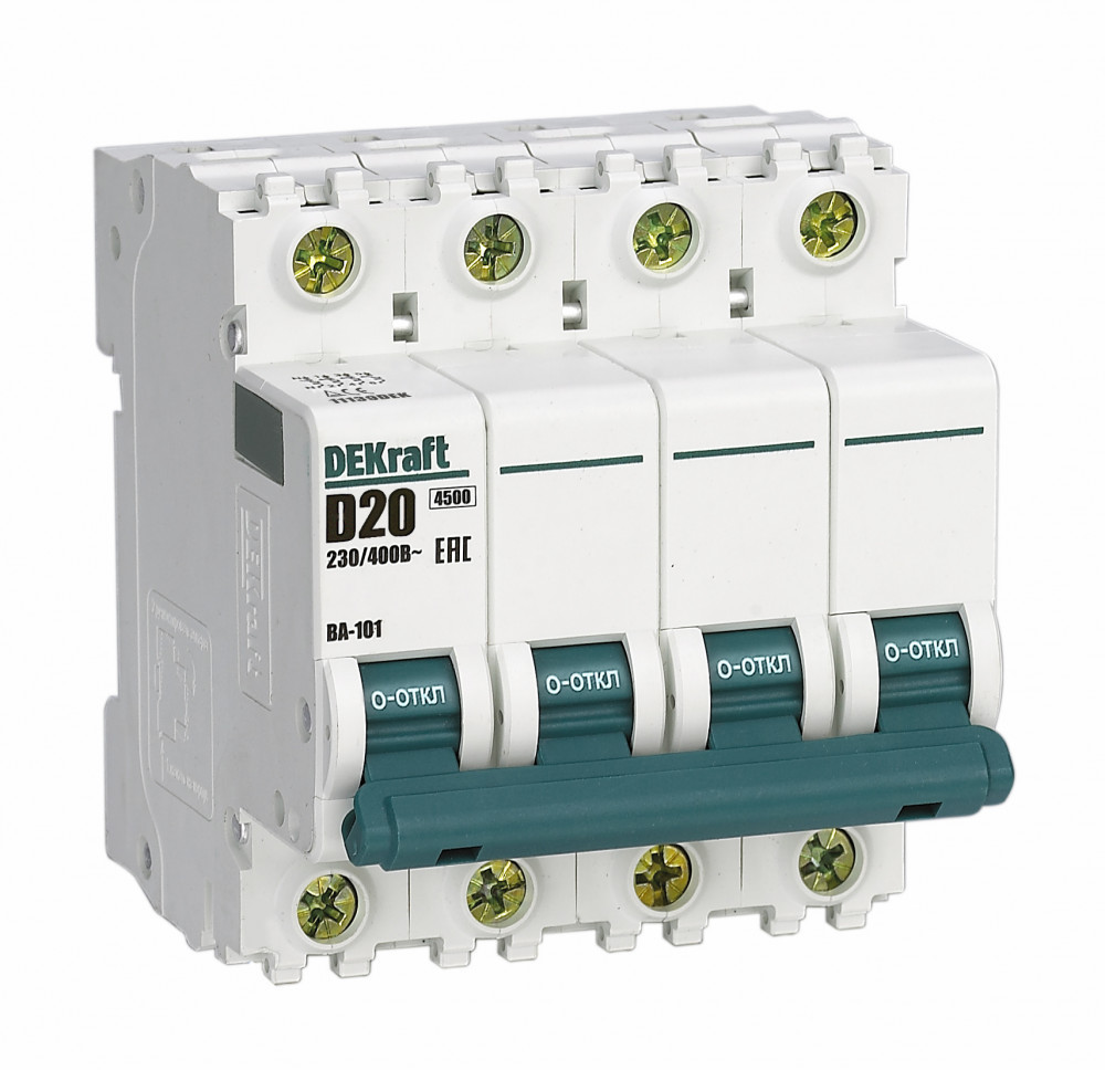 Автоматический выключатель 4Р 20А х-ка D ВА-101 4,5кА DEKraft 11139DEK Автоматический выключатель 4Р 20А х-ка D ВА-101 4,5кА DEKraft 11139DEK