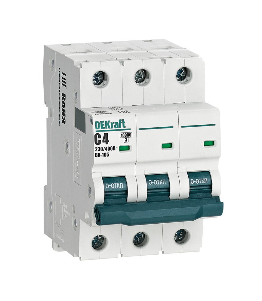 Автоматический выключатель 3P 4A х-ка C ВА-105 10кА DEKraft 13174DEK Автоматический выключатель 3P 4A х-ка C ВА-105 10кА DEKraft 13174DEK
