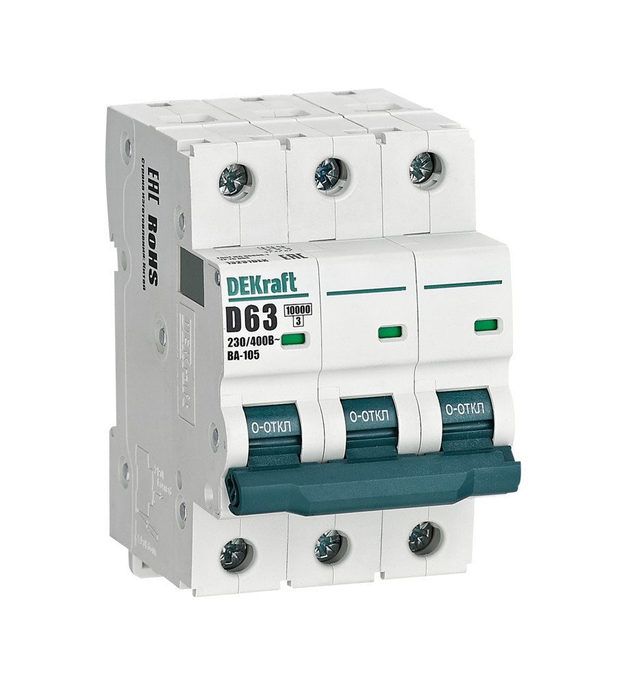 Автоматический выключатель 3P 63A х-ка D ВА-105 10кА DEKraft 13231DEK Автоматический выключатель 3P 63A х-ка D ВА-105 10кА DEKraft 13231DEK