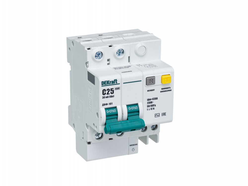 Дифференциальный автоматический выключатель АВДТ 2Р 25А 30мА тип AC х-ка С ДИФ-101 4,5кА DEKraft 15005DEK Дифференциальный автоматический выключатель АВДТ 2Р 25А 30мА тип AC х-ка С ДИФ-101 4,5кА DEKraft 15005DEK