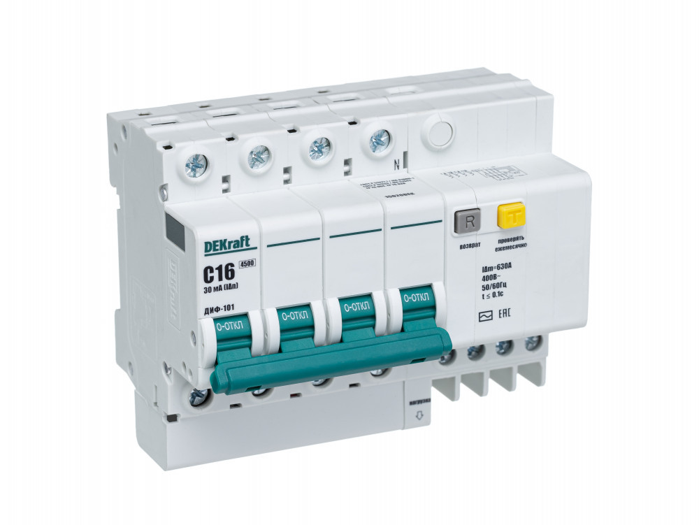 Дифференциальный автоматический выключатель АВДТ 4Р 16А 30мА тип AC х-ка С ДИФ-101 4,5кА DEKraft 15020DEK Дифференциальный автоматический выключатель АВДТ 4Р 16А 30мА тип AC х-ка С ДИФ-101 4,5кА DEKraft 15020DEK