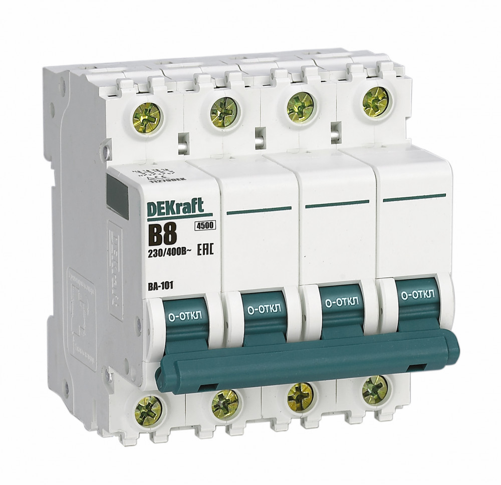 Автоматический выключатель 4Р 8А х-ка B ВА-101 4,5кА DEKraft 11279DEK Автоматический выключатель 4Р 8А х-ка B ВА-101 4,5кА DEKraft 11279DEK