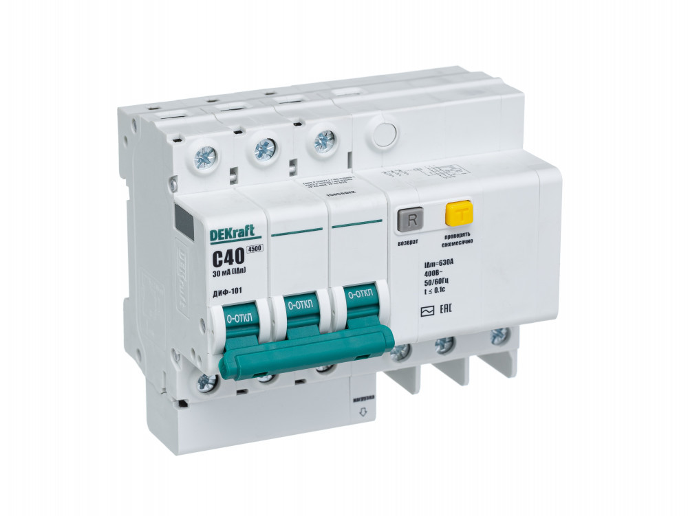 Дифференциальный автоматический выключатель АВДТ 3Р 40А 30мА тип AC х-ка C ДИФ-101 4,5кА DEKraft 15056DEK Дифференциальный автоматический выключатель АВДТ 3Р 40А 30мА тип AC х-ка C ДИФ-101 4,5кА DEKraft 15056DEK
