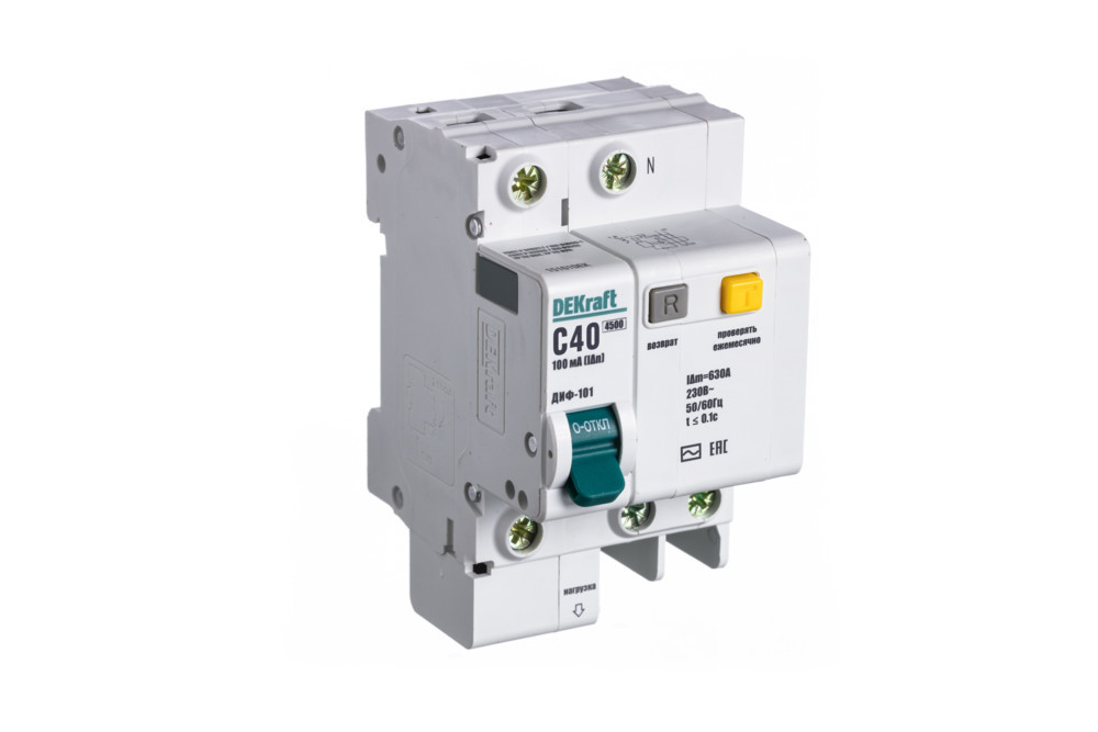 Дифференциальный автоматический выключатель АВДТ 1P+N 40А 30мА тип AC х-ка C ДИФ-101 4,5кА DEKraft 15161DEK Дифференциальный автоматический выключатель АВДТ 1P+N 40А 30мА тип AC х-ка C ДИФ-101 4,5кА DEKraft 15161DEK