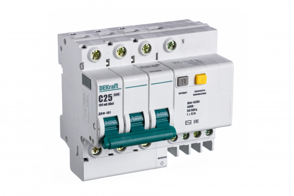 Дифференциальный автоматический выключатель АВДТ 3P+N 25А 100мА тип AC х-ка C ДИФ-101 4,5кА DEKraft 15222DEK Дифференциальный автоматический выключатель АВДТ 3P+N 25А 100мА тип AC х-ка C ДИФ-101 4,5кА DEKraft 15222DEK