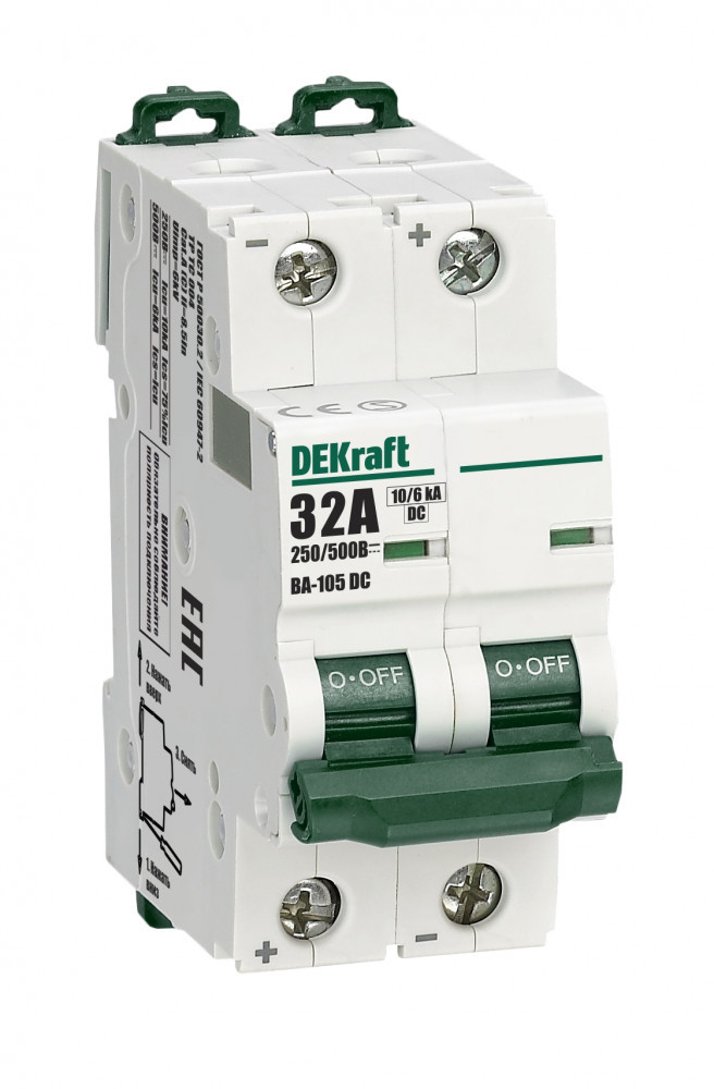 Автоматический выключатель 2P 32A х-ка C 500В DC ВА-105 DEKraft 13394DEK Автоматический выключатель 2P 32A х-ка C 500В DC ВА-105 DEKraft 13394DEK