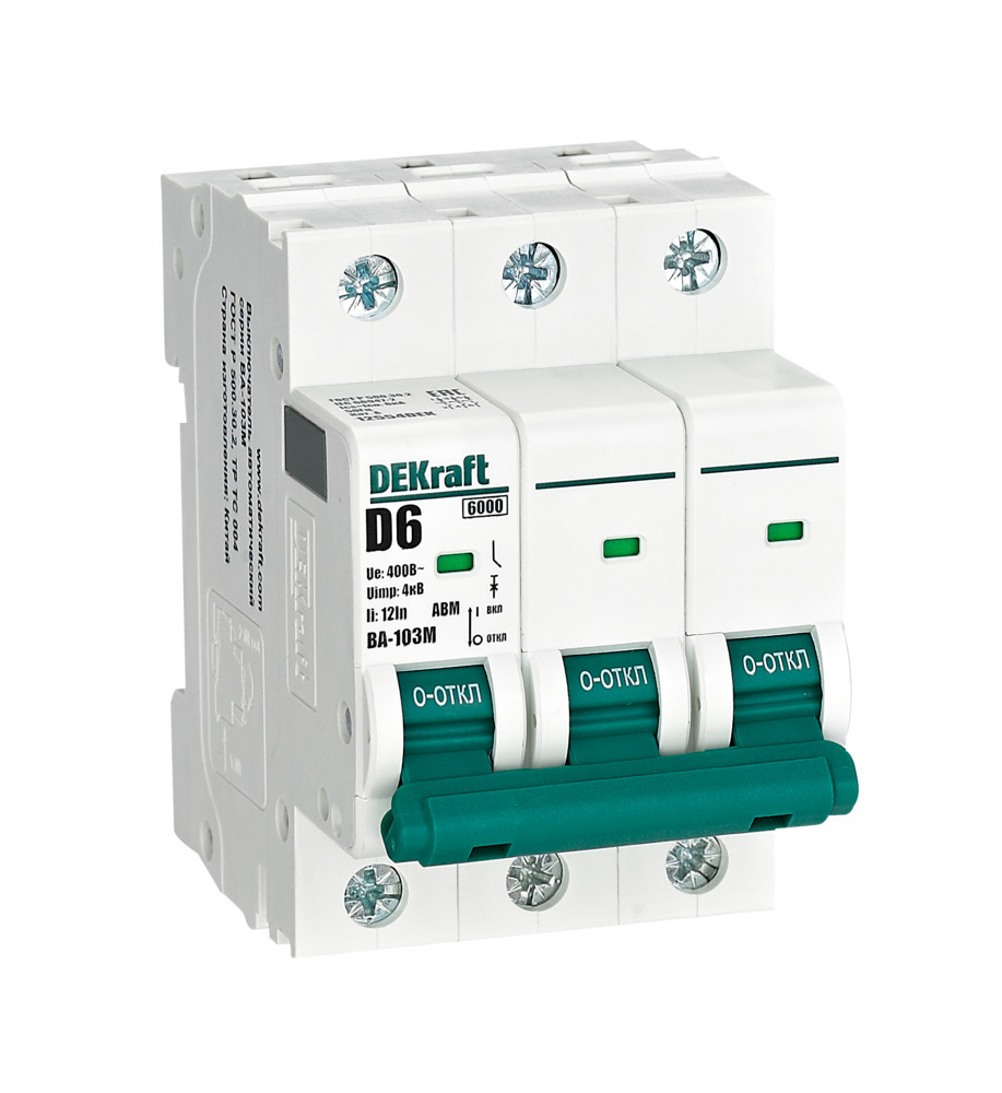 Автоматический выключатель без теплозащиты 3P 6А х-ка D 6кА ВА-103M DEKraft 12554DEK Автоматический выключатель без теплозащиты 3P 6А х-ка D 6кА ВА-103M DEKraft 12554DEK