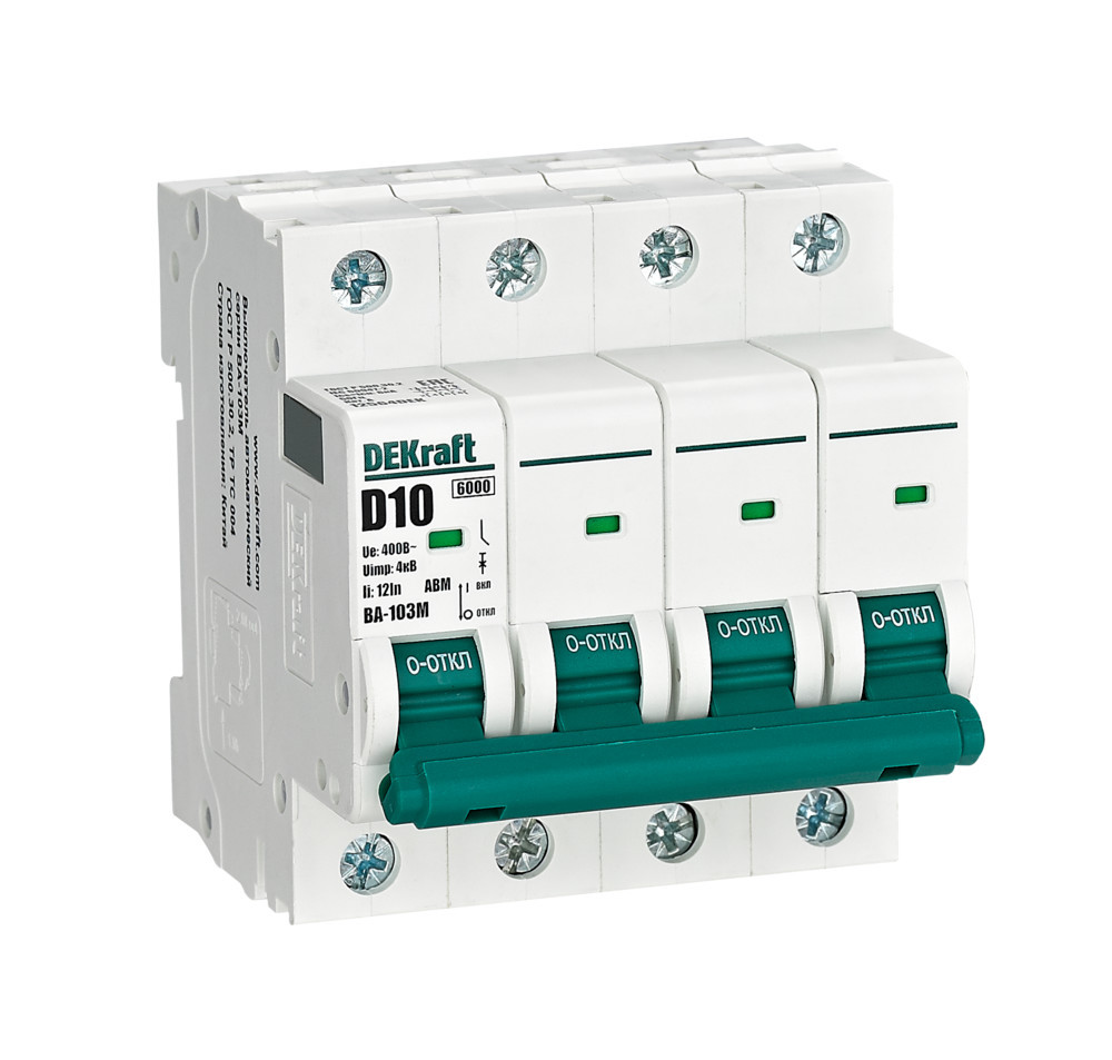 Автоматический выключатель без теплозащиты 4P 10А х-ка D 6кА ВА-103M DEKraft 12564DEK Автоматический выключатель без теплозащиты 4P 10А х-ка D 6кА ВА-103M DEKraft 12564DEK