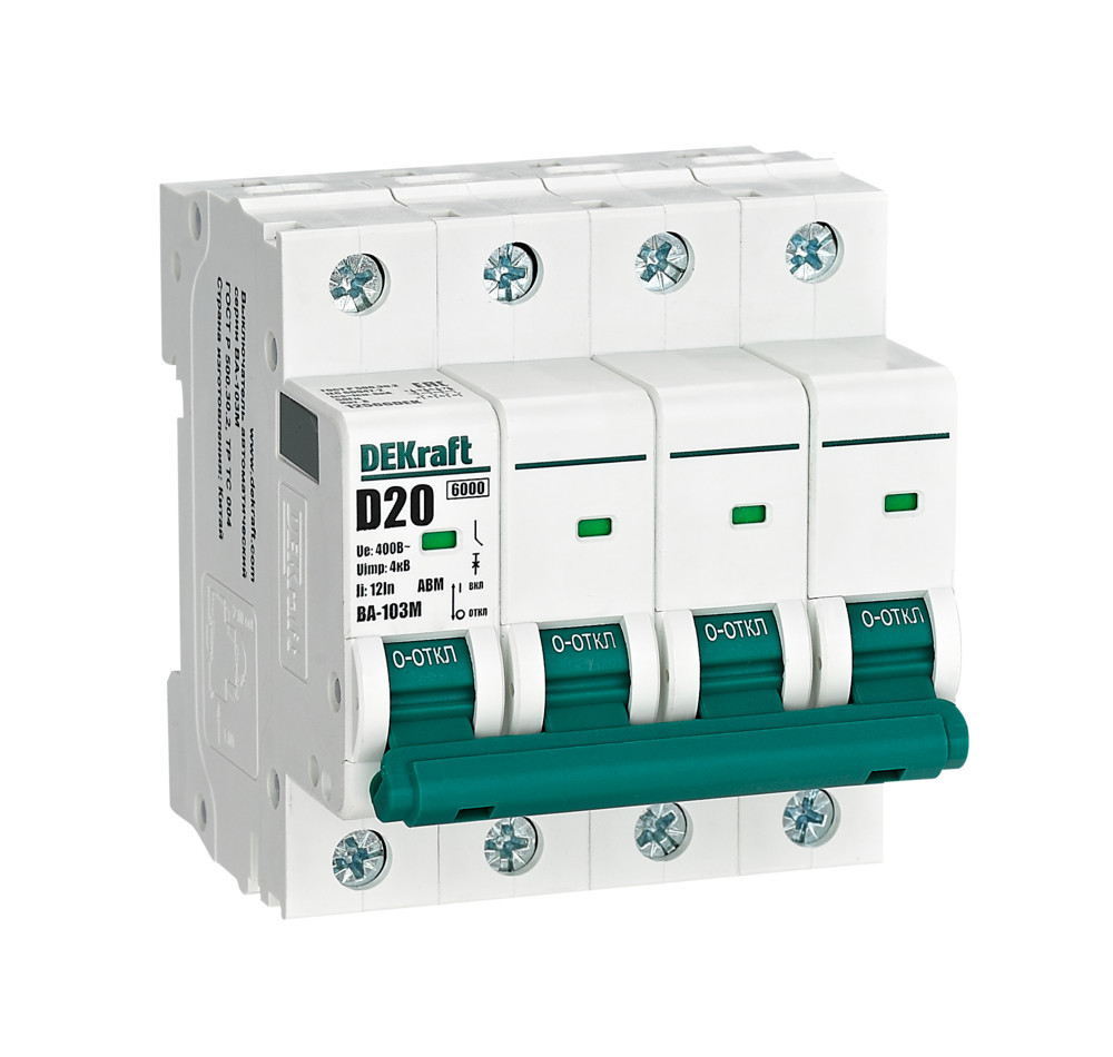 Автоматический выключатель без теплозащиты 4P 20А х-ка D 6кА ВА-103M DEKraft 12566DEK Автоматический выключатель без теплозащиты 4P 20А х-ка D 6кА ВА-103M DEKraft 12566DEK
