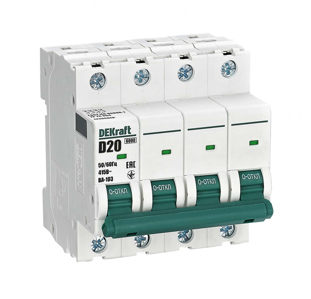 Автоматический выключатель 4Р 20А х-ка D ВА-103 6кА нов. DEKraft 12386DEK Автоматический выключатель 4Р 20А х-ка D ВА-103 6кА нов. DEKraft 12386DEK