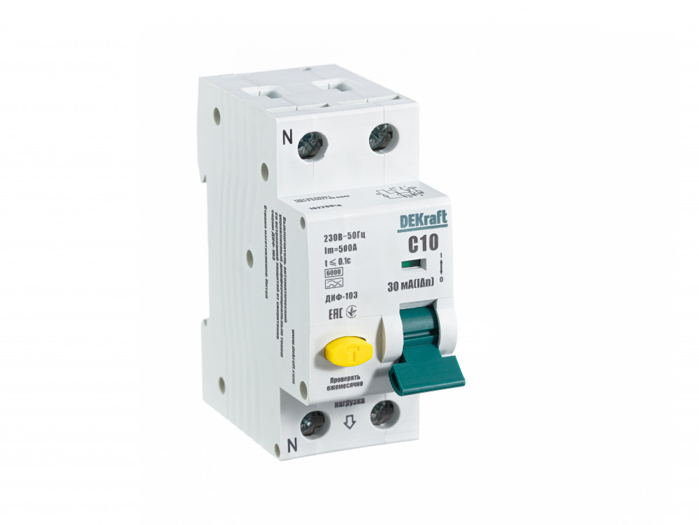 Дифференциальный автоматический выключатель АВДТ 1Р+N 10А 30мА тип A х-ка С ДИФ-103 6кА DEKraft 16228DEK Дифференциальный автоматический выключатель АВДТ 1Р+N 10А 30мА тип A х-ка С ДИФ-103 6кА DEKraft 16228DEK