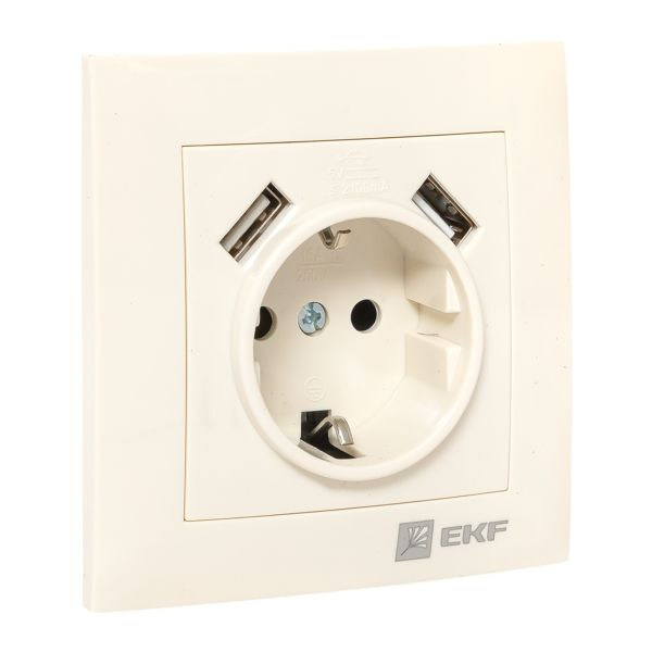 Валенсия розетка 1-местная с/з 16А кремовая с защ, штор, с 2 USB 2,1А EKF PROxima EWR16-028-20-2USB Валенсия розетка 1-местная с/з 16А кремовая с защ, штор, с 2 USB 2,1А EKF PROxima EWR16-028-20-2USB