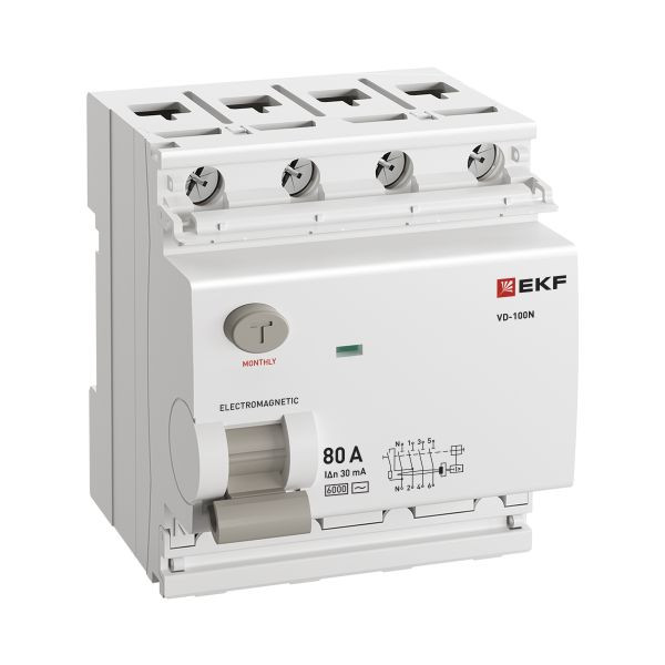 Выключатель дифференциального тока ВД-100N 4P 80А 30мА AC эл-мех 6кА PROXIMA EKF E1046M8030 Выключатель дифференциального тока ВД-100N 4P 80А 30мА AC эл-мех 6кА PROXIMA EKF E1046M8030