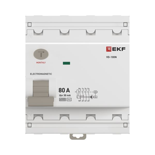Выключатель дифференциального тока ВД-100N 4P 80А 30мА AC эл-мех 6кА PROXIMA EKF E1046M8030 Выключатель дифференциального тока ВД-100N 4P 80А 30мА AC эл-мех 6кА PROXIMA EKF E1046M8030