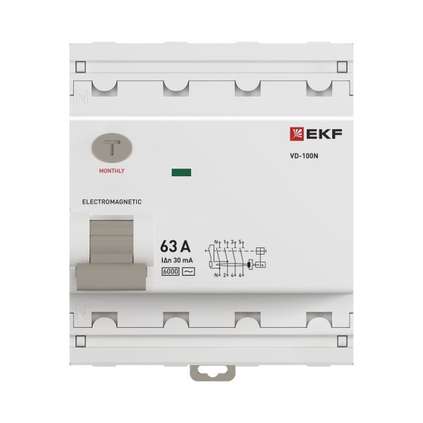 Выключатель дифференциального тока ВД-100N 4P 63А 30мА тип AC эл-мех 6кА PROXIMA EKF E1046M6330 Выключатель дифференциального тока ВД-100N 4P 63А 30мА тип AC эл-мех 6кА PROXIMA EKF E1046M6330