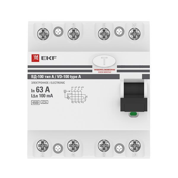 Устройство Защитного Отключения ВД-100 4P 63А/100мА (электр, тип А) EKF PROxima elcb-4-63-100-e-a-pro Устройство Защитного Отключения ВД-100 4P 63А/100мА (электр, тип А) EKF PROxima elcb-4-63-100-e-a-pro