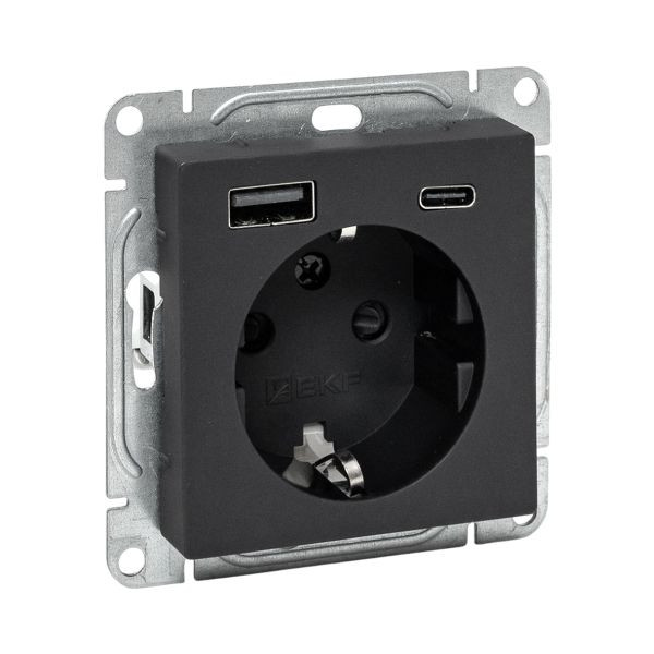 Механизм розетки с USB-A+С - 2шт, 16А, с заземлением, со шторками, чёрный Эпика EKF Механизм розетки с USB-A+С - 2шт, 16А, с заземлением, со шторками, чёрный Эпика EKF