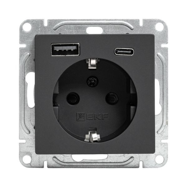 Механизм розетки с USB-A+С - 2шт, 16А, с заземлением, со шторками, чёрный Эпика EKF Механизм розетки с USB-A+С - 2шт, 16А, с заземлением, со шторками, чёрный Эпика EKF