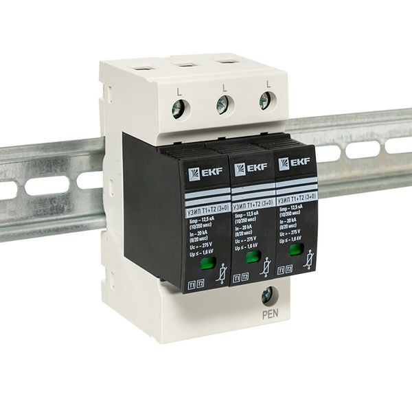 Устройство защиты от импульсных перенапряжений Т1+Т2, Iimp-12,5kA, In-20kA, Uc-275В, 3+0 EKF OV12-3-503 Устройство защиты от импульсных перенапряжений Т1+Т2, Iimp-12,5kA, In-20kA, Uc-275В, 3+0 EKF OV12-3-503