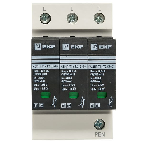 Устройство защиты от импульсных перенапряжений Т1+Т2, Iimp-12,5kA, In-20kA, Uc-275В, 3+0 EKF OV12-3-503 Устройство защиты от импульсных перенапряжений Т1+Т2, Iimp-12,5kA, In-20kA, Uc-275В, 3+0 EKF OV12-3-503