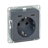 Механизм розетки с USB-C - 2шт, 16А, с заземлением, со шторками, графит Эпика EKF